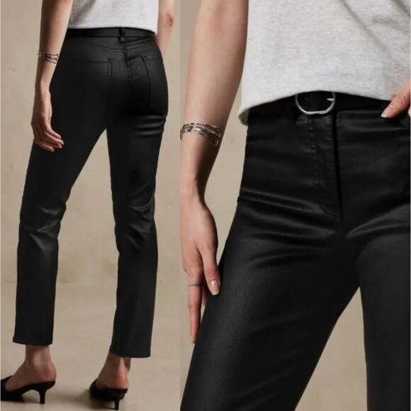 NEW! Banana Republic 28 High Rise $120 Straight Leg Wax Coated Jeans Crop Black - Picture 1 of 12